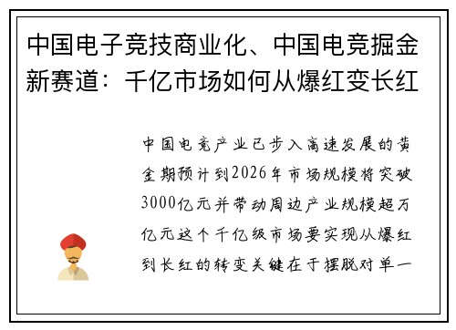 中国电子竞技商业化、中国电竞掘金新赛道：千亿市场如何从爆红变长红